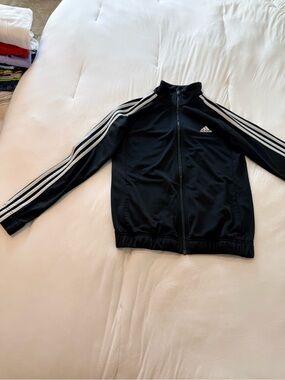 adidas Black Zip-Up Track Jacket with White Stripes